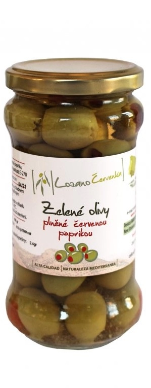 Zelené olivy plněné červenou paprikou