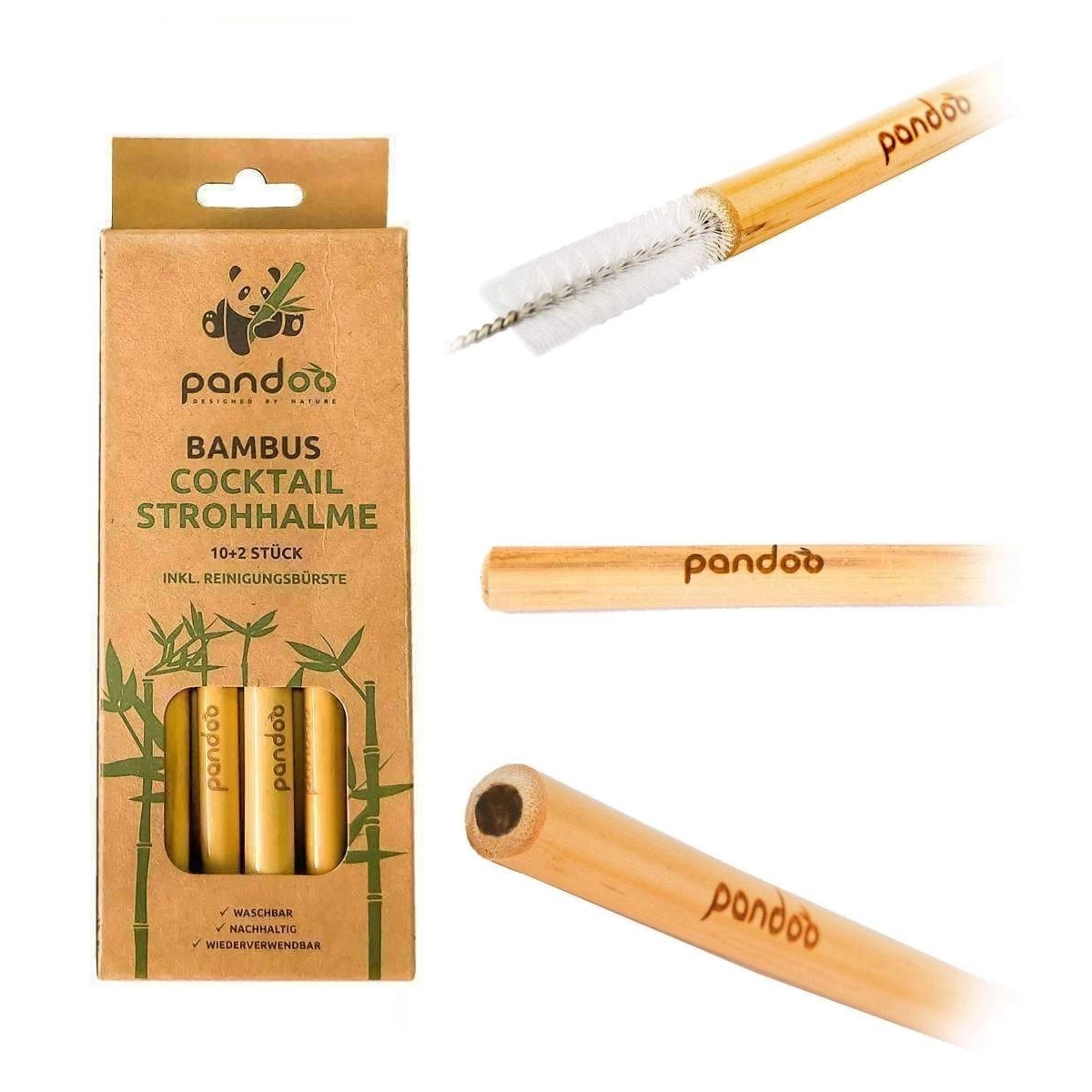 Krátké koktejlové bambusové brčko s čistícím kartáčkem sada 12 ks